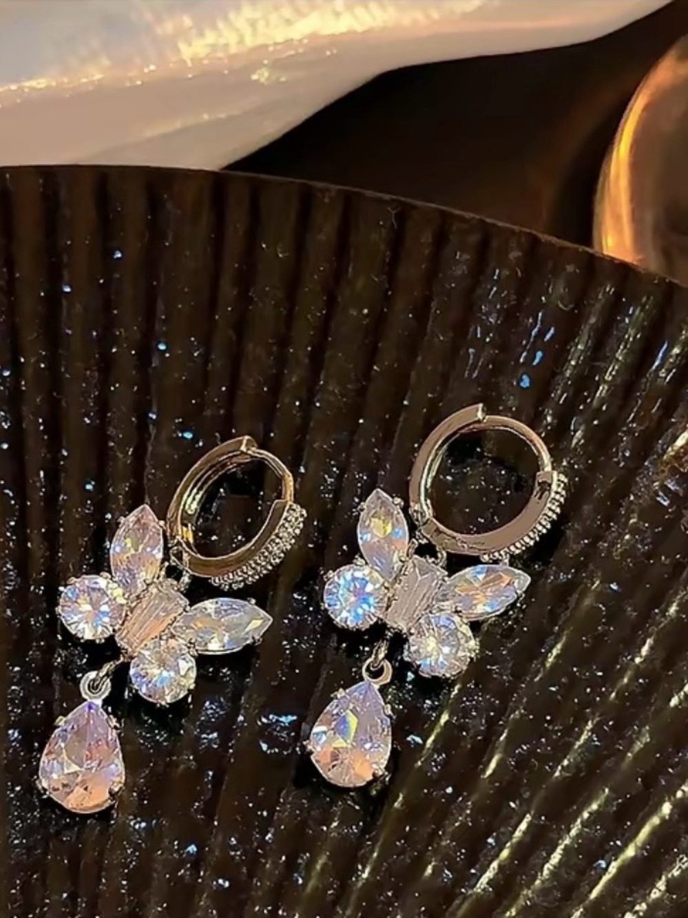 Crystal Butterfly Drop Hoop Earrings - Silver Tone